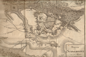 Ein detaillierter alter Stadtplan von Schweidnitz, Deutschland, der Straßen, Gebäude, Sehenswürdigkeiten und Text über die Bevölkerung, Geschichte und Kultur der Stadt zeigt.