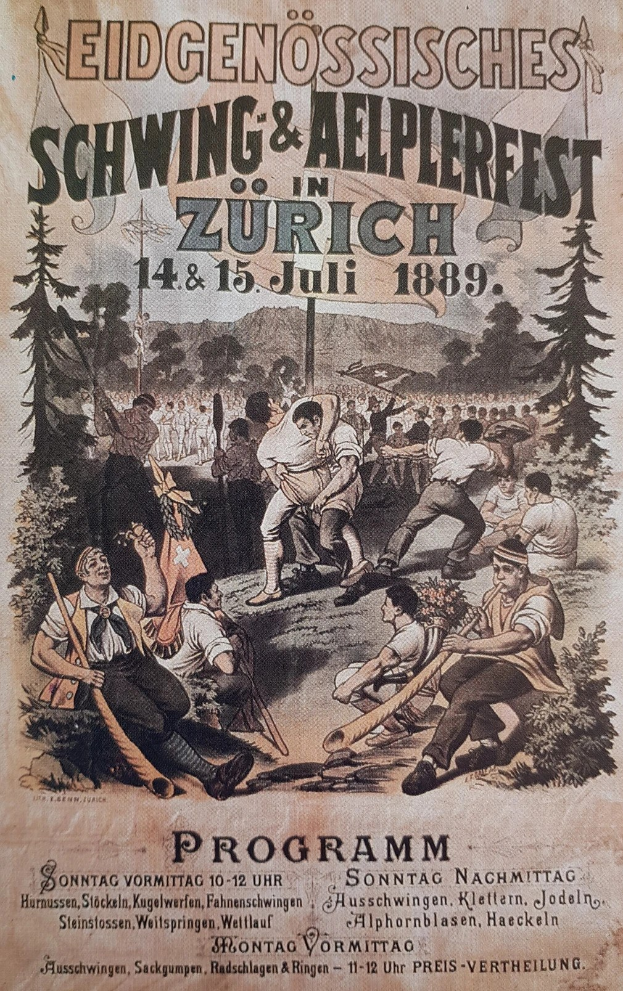 Alter Zürcher Festplakat mit einer Gruppe von Menschen mit Stöcken, Bäumen im Hintergrund und Text mit Festivaldetails.