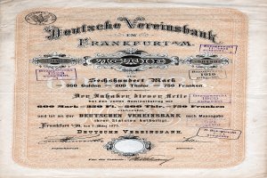 Altes deutsches Wertpapier der Deutschen Vereinsbank, Frankfurt, auf Papier gedruckt mit sichtbarem Text.