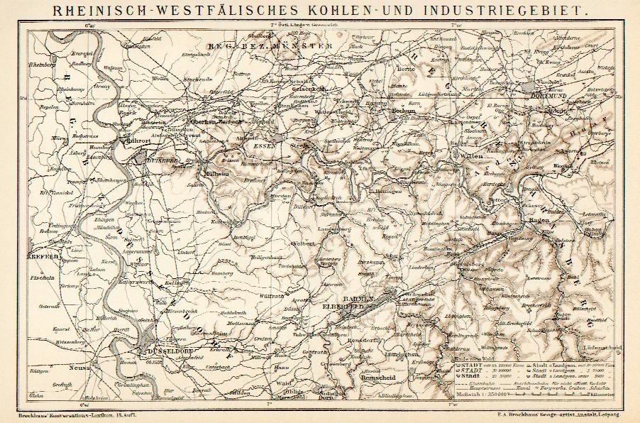 Alte detaillierte Karte des Rheinisch-Westfälischen Kohle- und Industriegebiets mit Text oben und unten, die Flüsse, Berge und Städte zeigt.