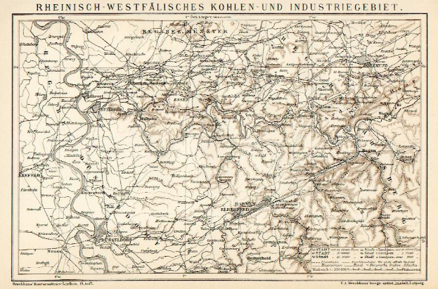 Alte detaillierte Karte des Rheinisch-Westfälischen Kohle- und Industriegebiets mit Text oben und unten, die Flüsse, Berge und Städte zeigt.