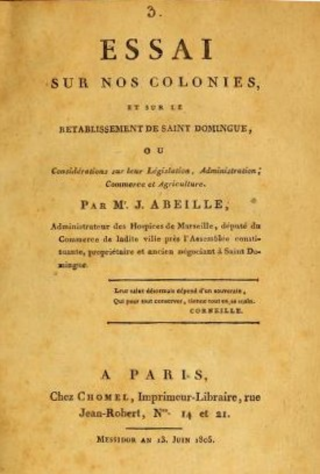 Deckblatt eines alten Buches mit dem Titel "Essai sur nos Colonies, et sur l'Établissement de Saint-Domingue", das likely Essays zur Geschichte der französischen Kolonien und der Kultur von Saint-Domingue enthält.