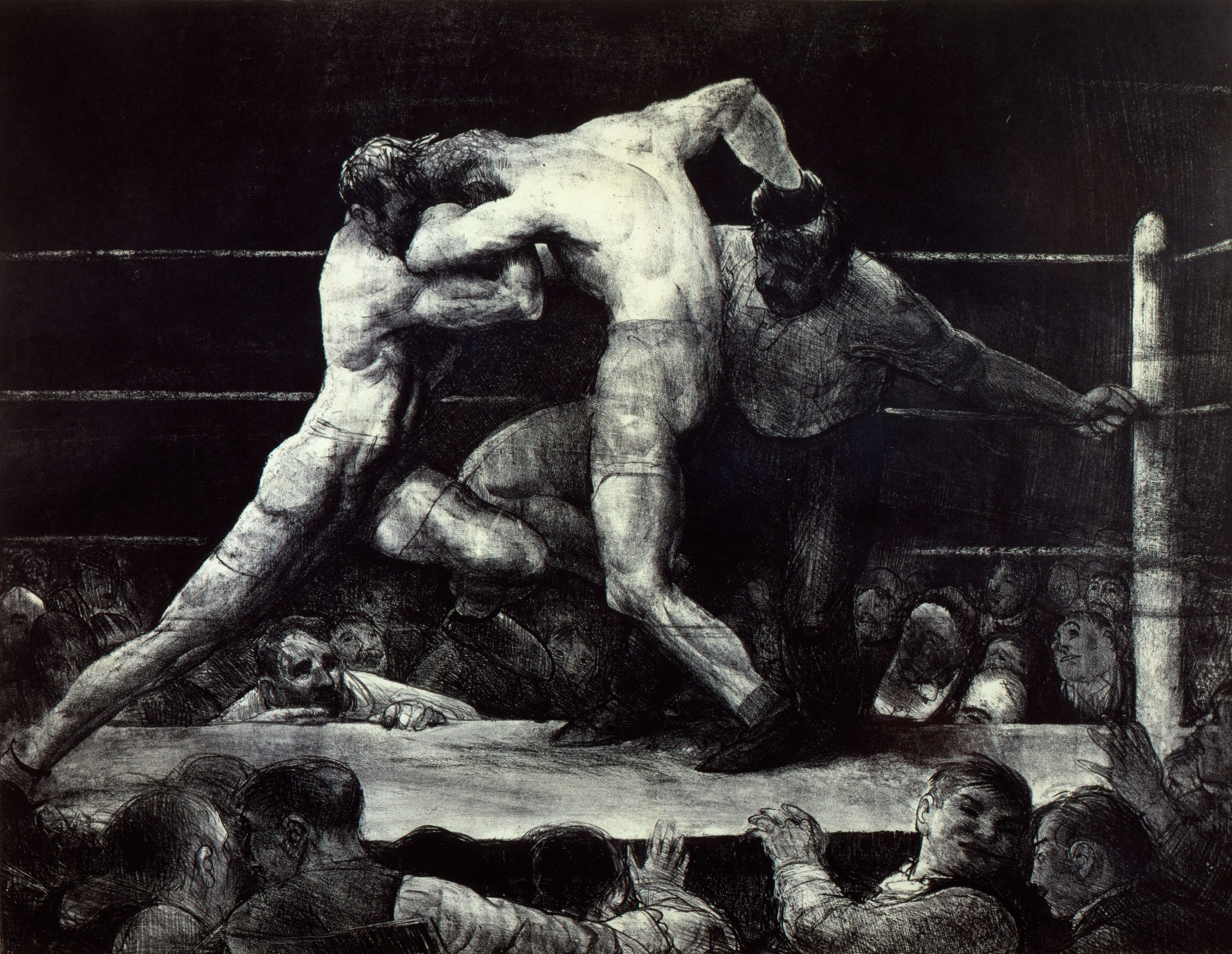 Zwei Boxer im Boxring tauschen Schläge aus, während eine jubelnde Menge zusieht.