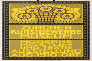 Ein 1910er Plakat für das Zürcher Kunstgewerbe Museum in Berlin, Deutschland, mit einem gelben Hintergrund, einer Schwarz-Weiß-Illustration eines Museumsgebäudes, fetter schwarzer Schrift, die "Zürcher Kunstgewerbe Museum" lautet, einem schwarzen Rand und dem Museumslogo oben links.
