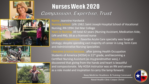 Plakat zur Nurses Week 2020 mit dem Titel "Mitgefühl, Expertise, Vertrauen" mit mehreren Nurse-Motiven in Blau- und Weißtönen und fetter Schrift.