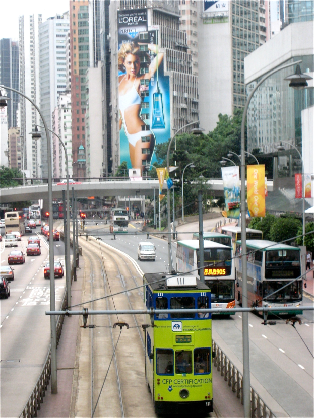 Eine belebte Stadtstraße mit verschiedenen Fahrzeugen, einschließlich Doppeldeckerbussen, hohen Gebäuden, einer Brücke und einem klaren blauen Himmel, mit Text unten.