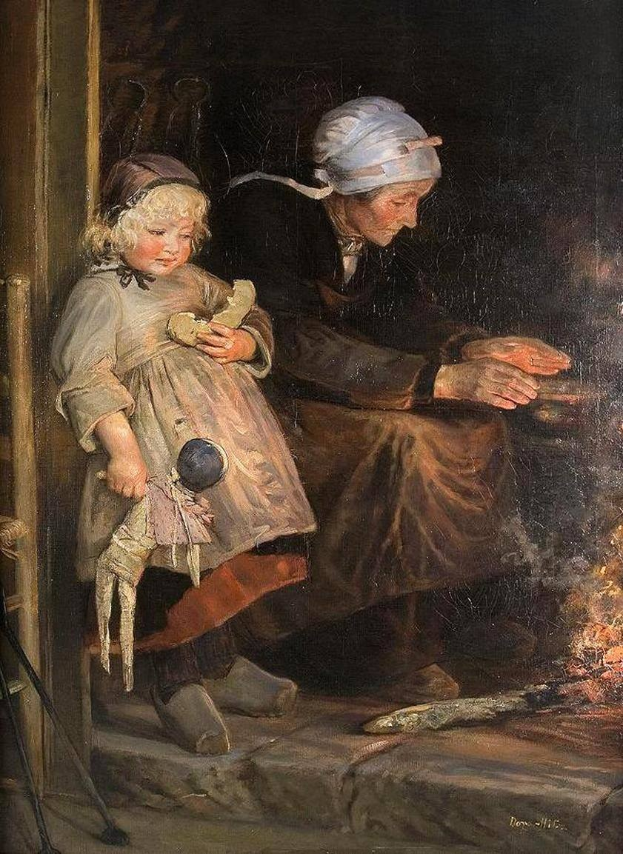 Ein Bild mit dem Titel "Mutter und Kind am Feuer" von Rembrandt van Rijn, das eine Frau auf einem Stuhl sitzend mit einem Kind daneben vor einem Kamin zeigt, mit einer Leiter an der Wand links und diversen Gegenständen im Hintergrund verstreut.