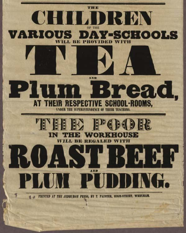 Ein Blatt Papier mit der Aufschrift "Die Kinder der verschiedenen Tagesschulen werden mit Tee, Pflaumenbrot und Rindfleisch sowie Pflaumenpudding versorgt"