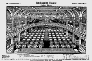 Eine Schwarz-Weiß-Zeichnung des Reichshallen Theaters in Berlin, Deutschland, zeigt das Auditorium mit Sitzreihen, Säulen und einer Decke, mit Text am unteren Rand.