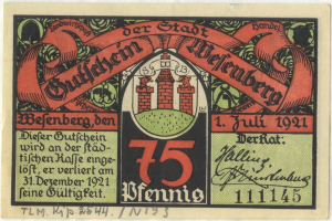 Ein altes deutsches Banknotenbild mit einem Gebäude, dem Text 'Bundesliga' und einem Logo unten auf einem weißen Hintergrund.