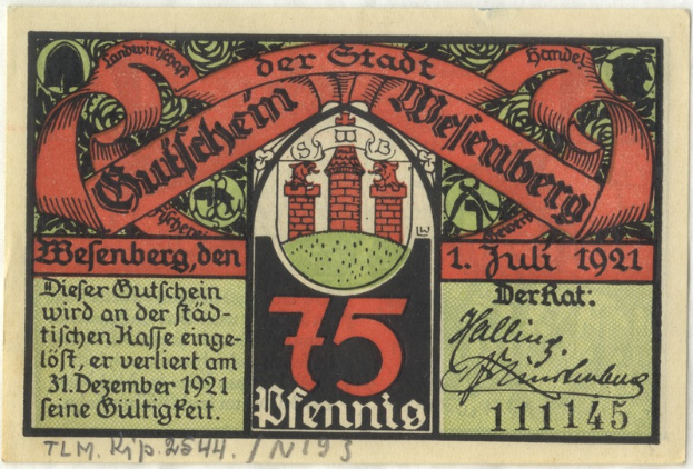 Ein altes deutsches Banknotenbild mit einem Gebäude, dem Text 'Bundesliga' und einem Logo unten auf einem weißen Hintergrund.