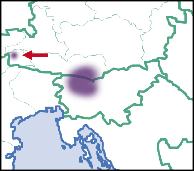 Animierte Deutschlandkarte mit einem roten Pfeil, der auf einen violetten Punkt zeigt.