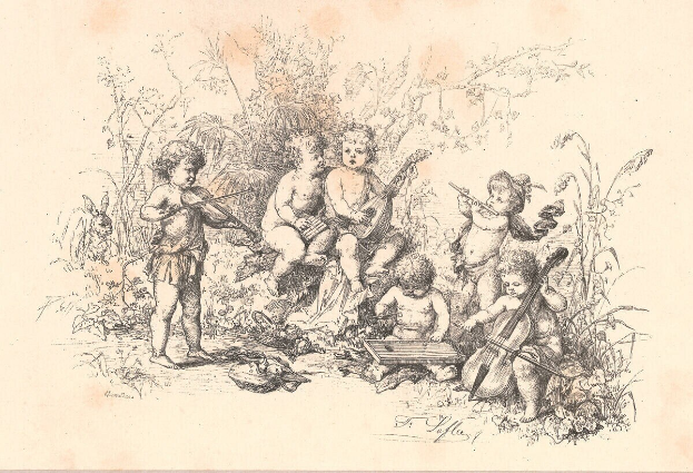 Eine Gruppe von Kindern, die Musikinstrumente spielen, darunter eine Gitarre, eine Geige und ein Schlagzeug, in einem bewaldeten Gebiet mit Bäumen im Hintergrund.