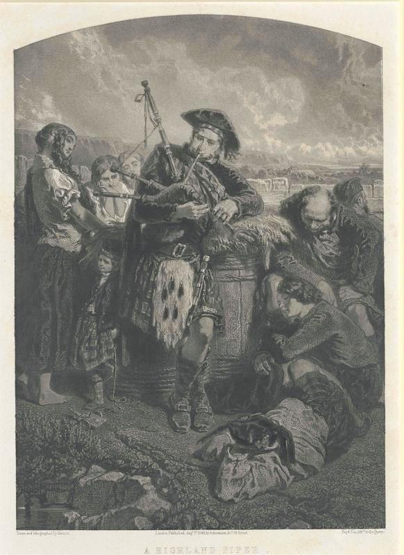 Schwarz-weißes Gravur von einem Mann, der eine Dudelsack vor einer Gruppe von Menschen unter einem bewölkten Himmel spielt, mit Text unten, der 'Ein Highland Pipe' liest.