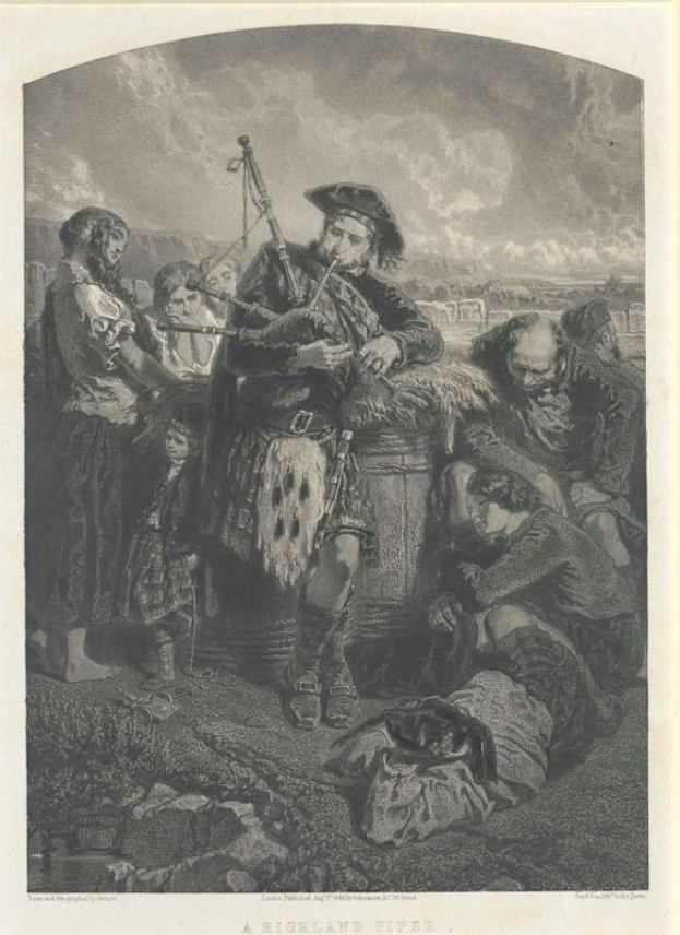 Schwarz-weißes Gravur von einem Mann, der eine Dudelsack vor einer Gruppe von Menschen unter einem bewölkten Himmel spielt, mit Text unten, der 'Ein Highland Pipe' liest.